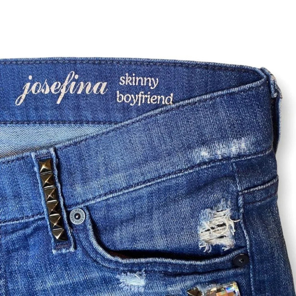 7 For All Mankind Josefina Skinny  Boyfriend Studded Distressed Blue Jeans 25 - Picture 12 of 14